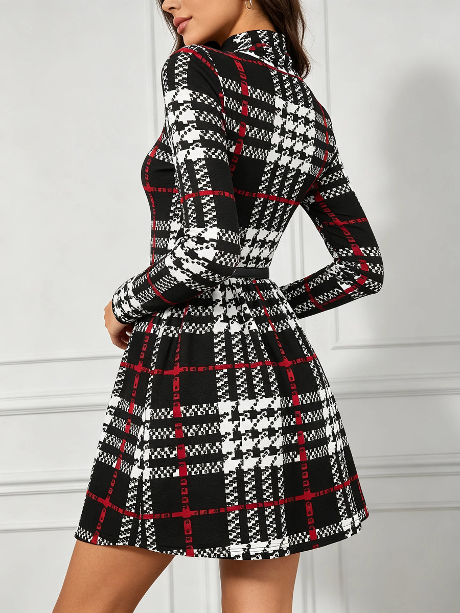 Sofia Houndstooth Plaid Mock Neck A-Line Dress for Women