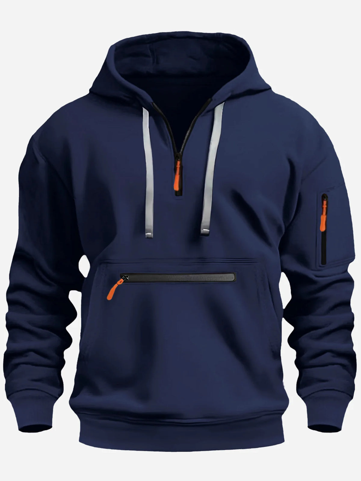 Men's multi pocket fleece pullover hoodie in navy blue