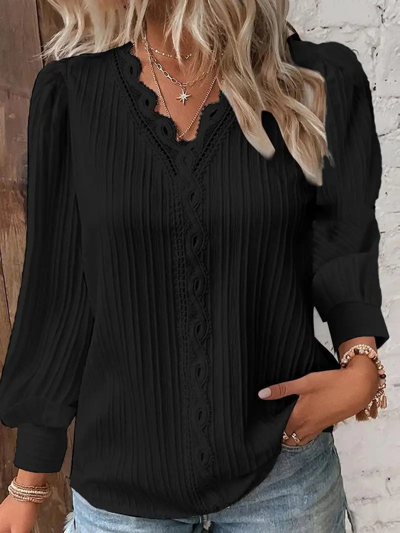 Aurelia Lace Trim V-Neck Lantern Sleeve Blouse for Women