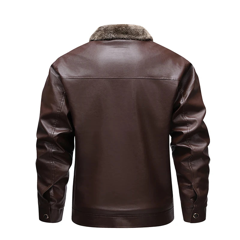 Carmine fleece lined faux leather biker jacket, brown, back