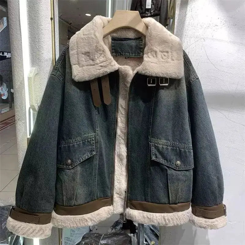 Lucrezia Wool Sherpa Lined Vintage Denim Jacket for Women