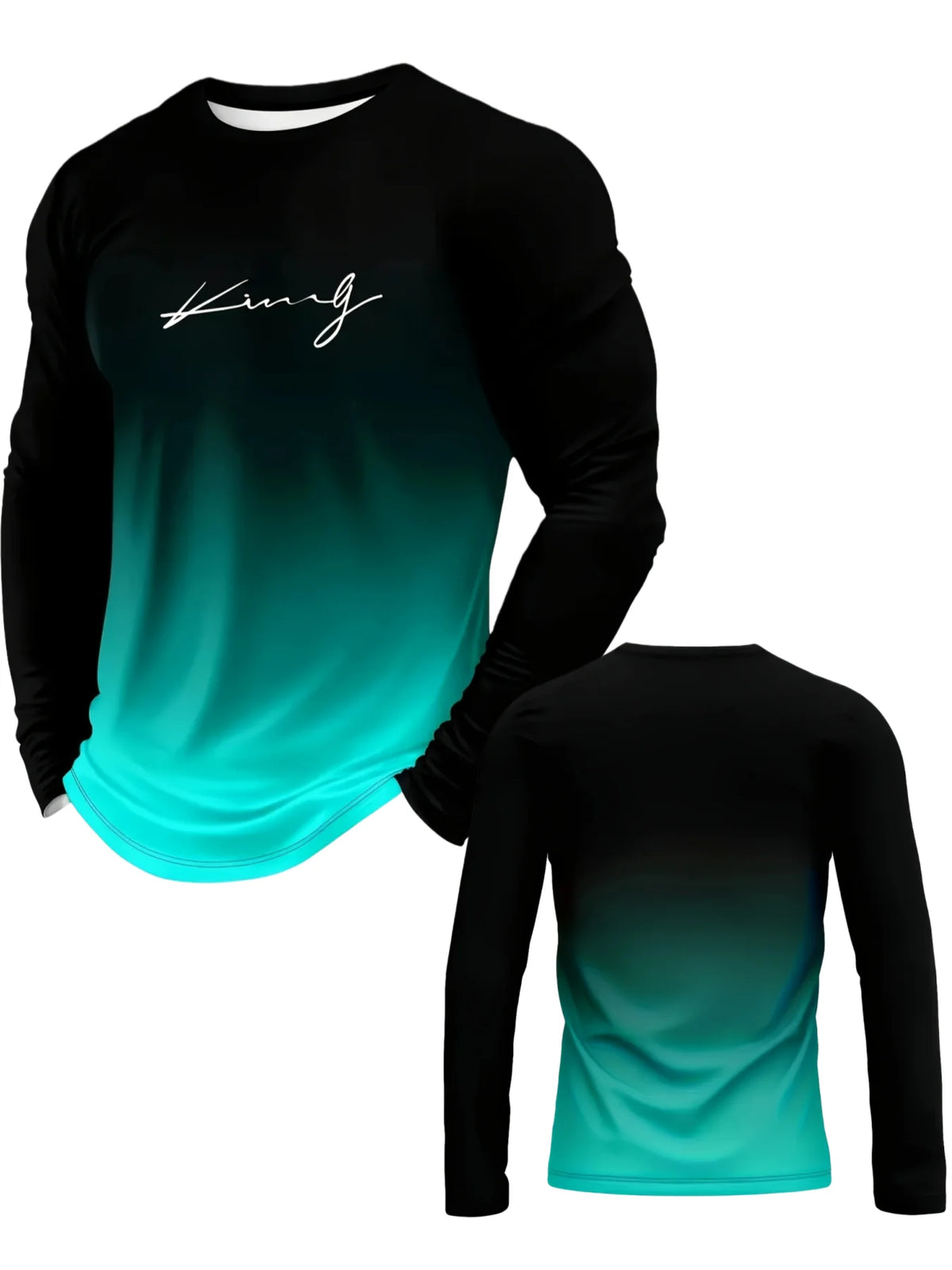 Men's long sleeve crew neck tee with gradient letter print in black teal gradient