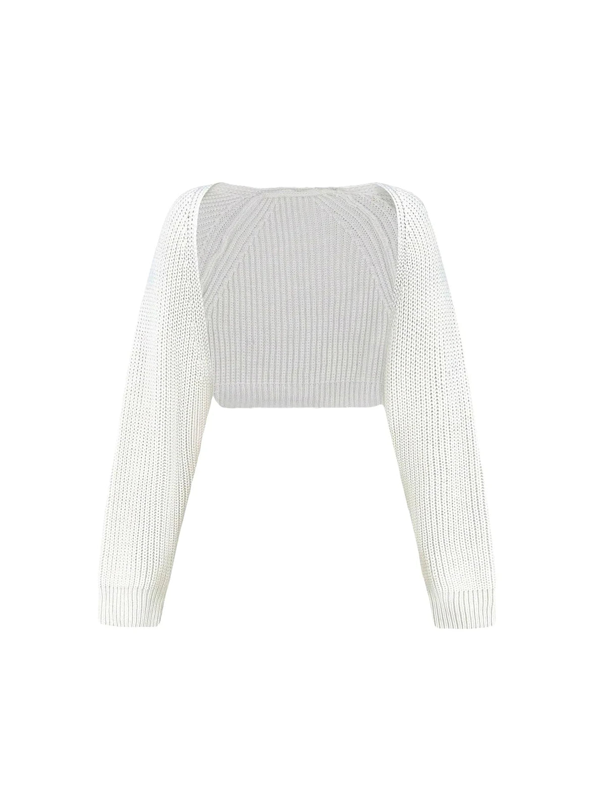 Fleur cropped ribbed knit shrug in white laid flat, front