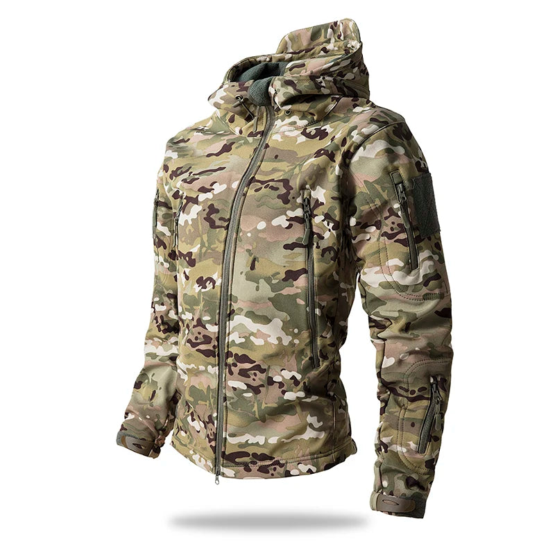 Men's soft shell fleece lined hooded tactical jacket in CP camouflage