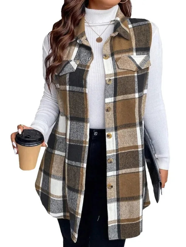 Fabiola plaid sleeveless shirt vest, Khaki