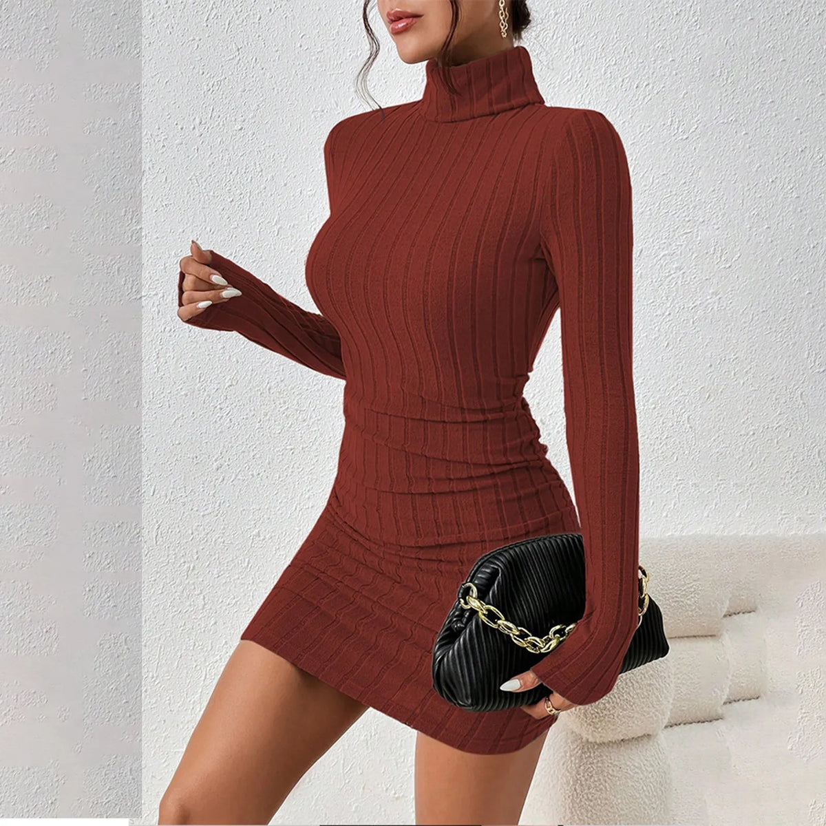 Gemma ribbed turtleneck mini dress in red