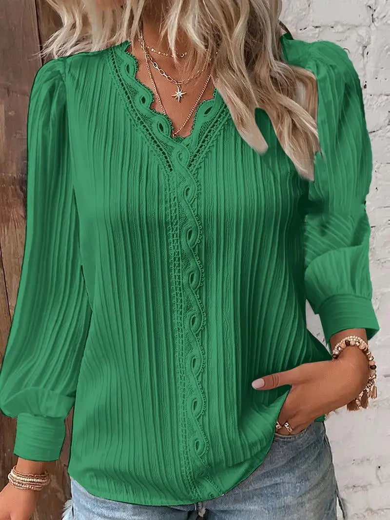 Aurelia Lace Trim V-Neck Lantern Sleeve Blouse for Women