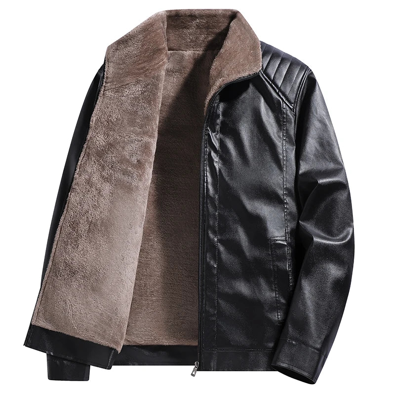 Carmine fleece lined faux leather biker jacket, black, open front showing the fleece lining