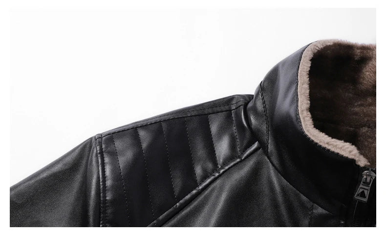 Carmine faux leather jacket close-up of the fleece collar and stitched shoulder