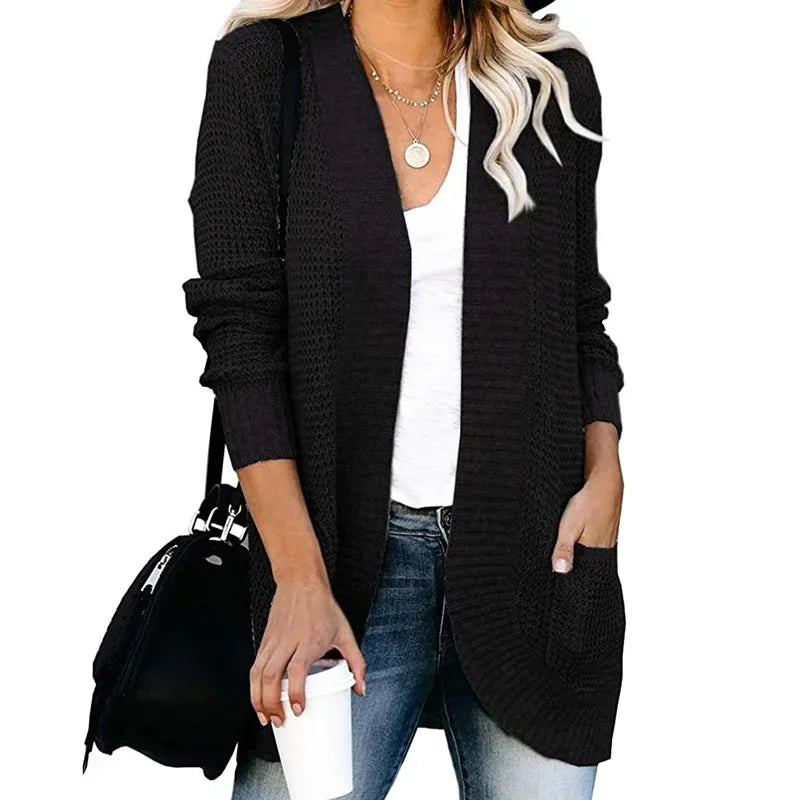 Eloise long open front knit cardigan for women in black