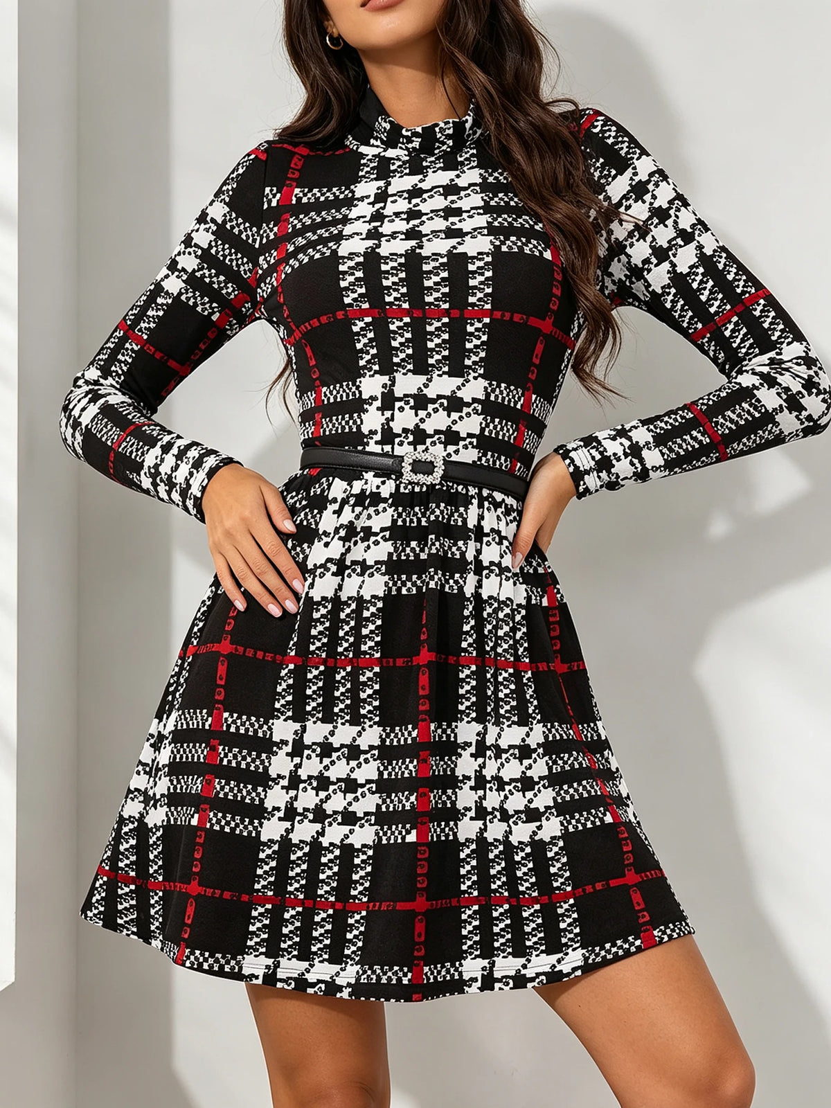 Sofia Houndstooth Plaid Mock Neck A-Line Dress for Women - alternate view