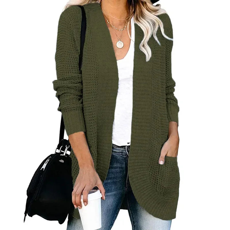 Eloise long open front knit cardigan for women in army green