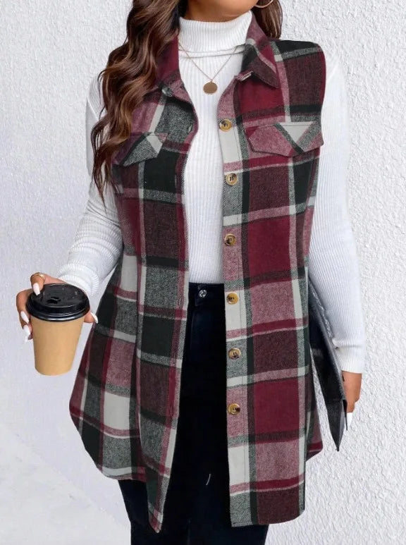 Fabiola Plaid Sleeveless Button Front Shirt Vest for Women