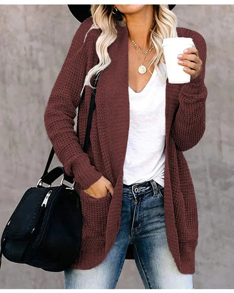 Eloise long open front knit cardigan for women in rust red