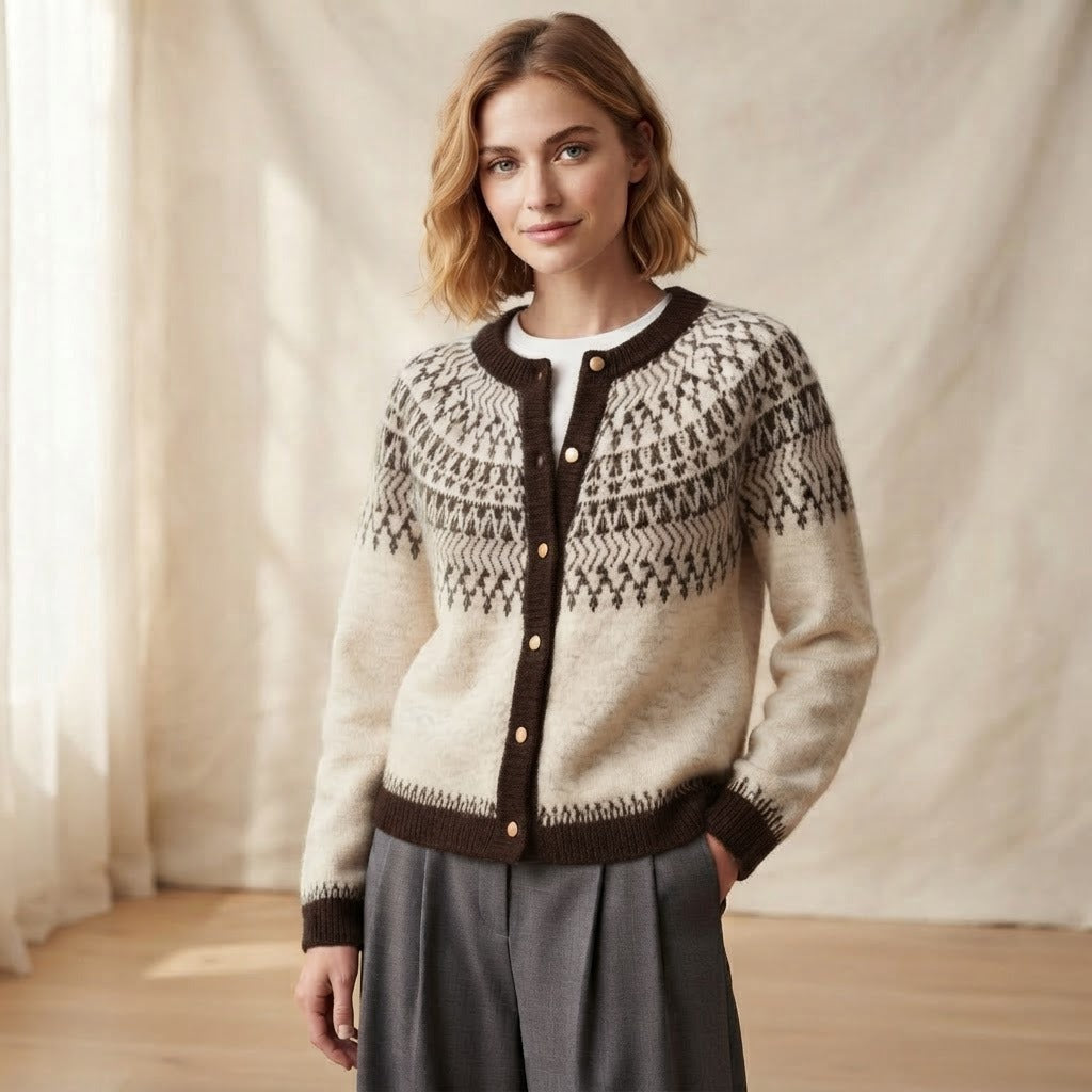 Giada Fair Isle crew neck cardigan, Cream and Brown, front