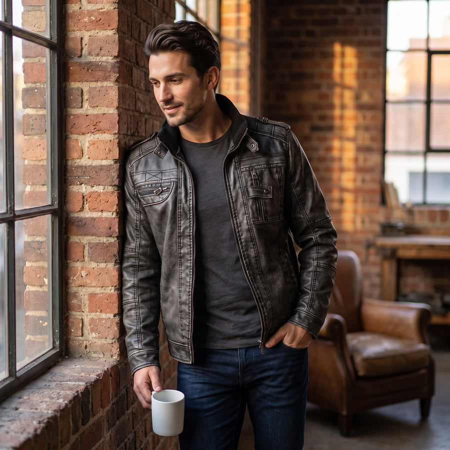 Lazaro Stand Collar Leather Moto Jacket for Men