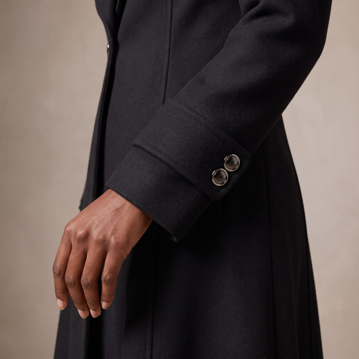 Lavinia wool maxi coat, Black, two-button cuff close-up