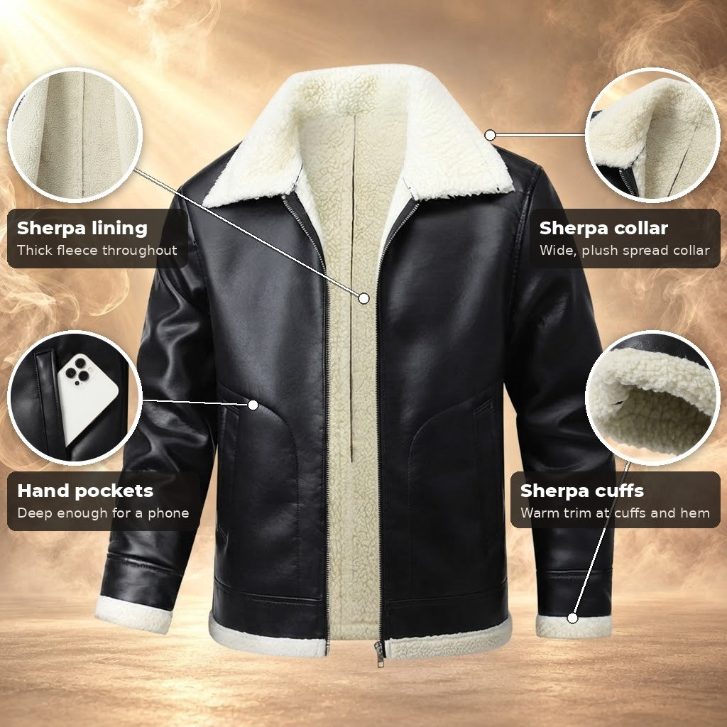 Emanuele sherpa lined faux leather aviator jacket, Black, key features