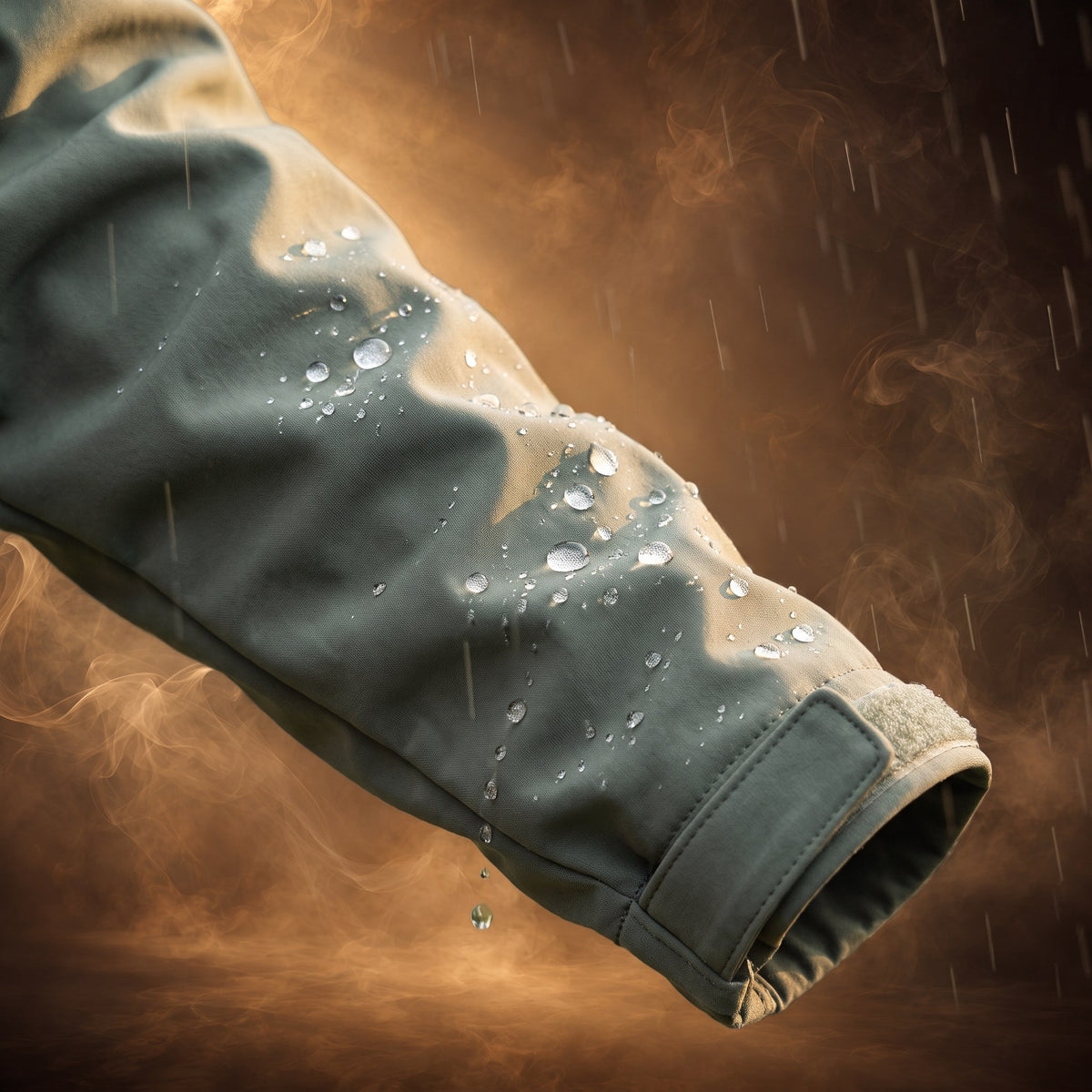 Severino jacket and pants set, Sage Green, rain beading on the waterproof sleeve