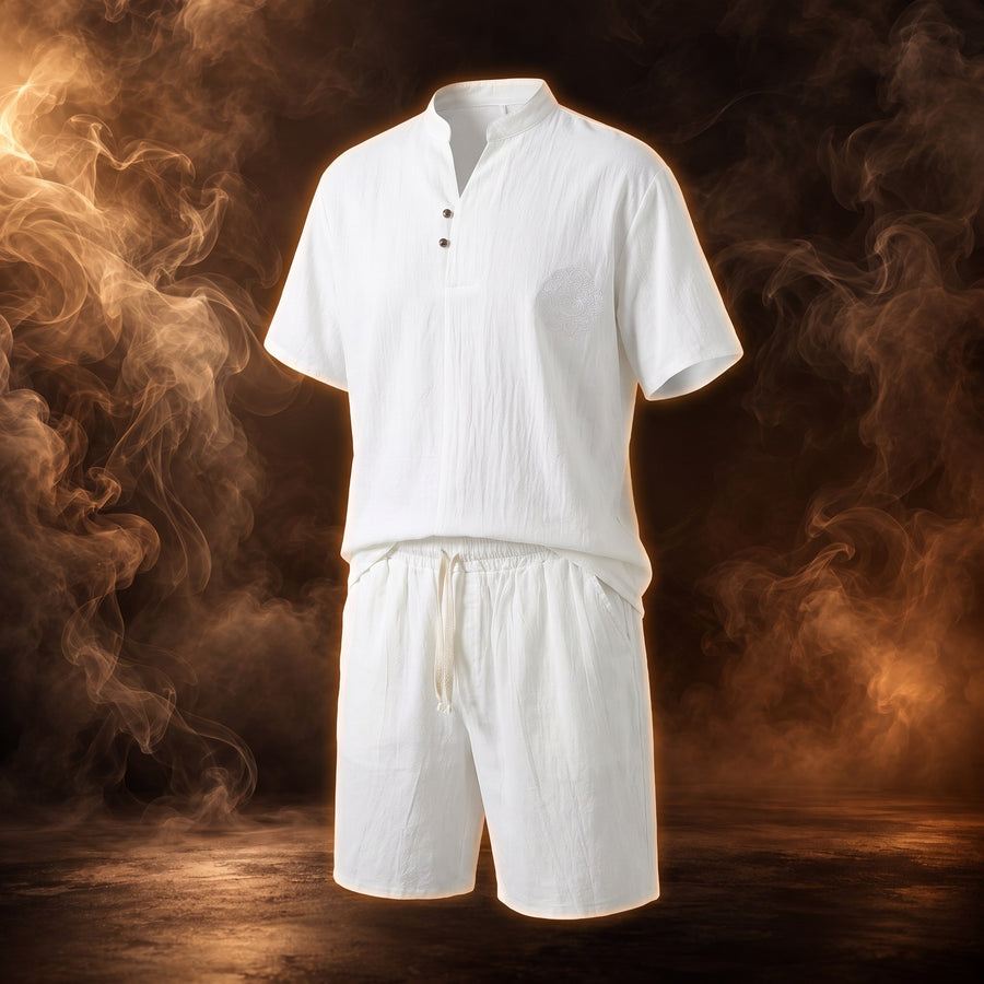 Adriano Linen Split-Neck Shirt and Shorts Set for Men