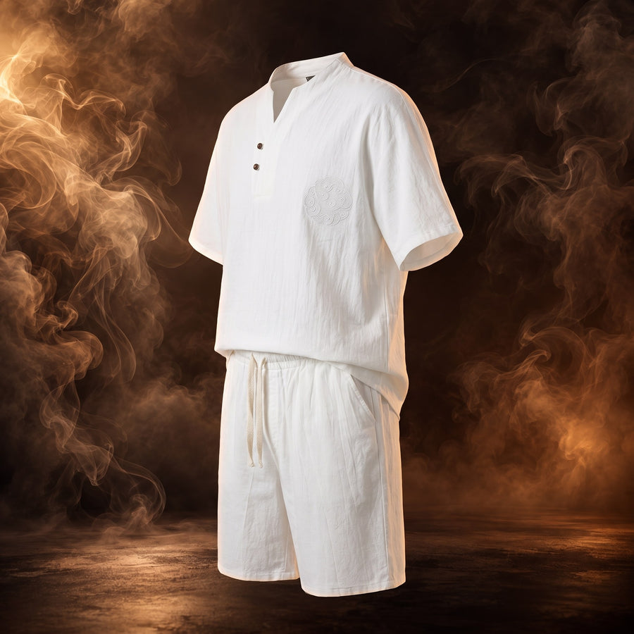 Adriano Linen Split-Neck Shirt and Shorts Set for Men