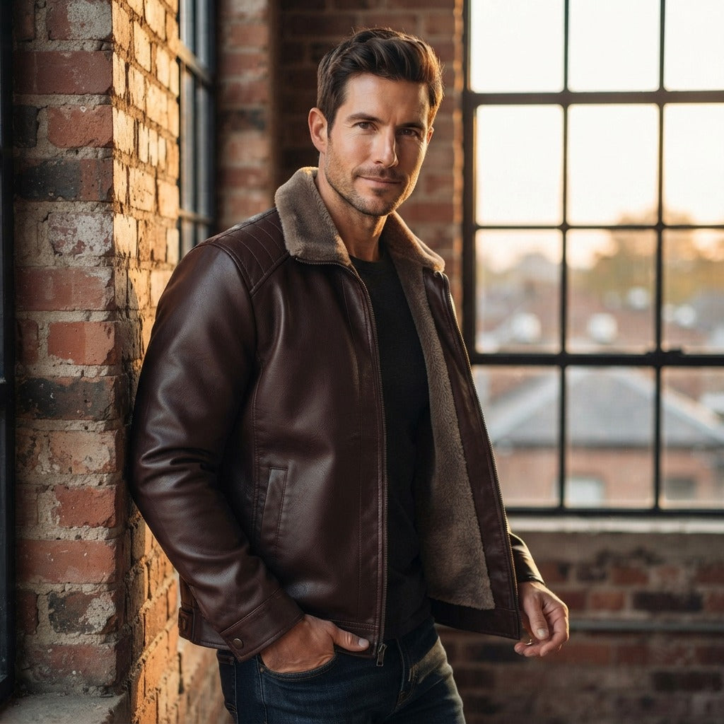 Man wearing the Carmine brown fleece lined faux leather jacket in a brick loft