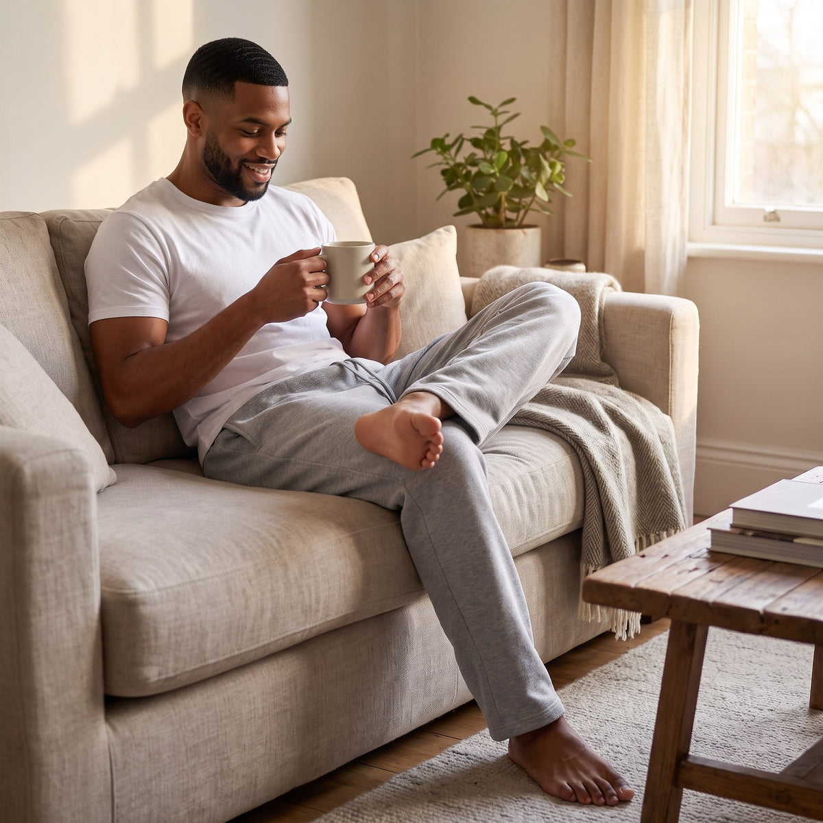 Man wearing the Alberto wide-leg sweatpants in Heather Gray at home on a sofa