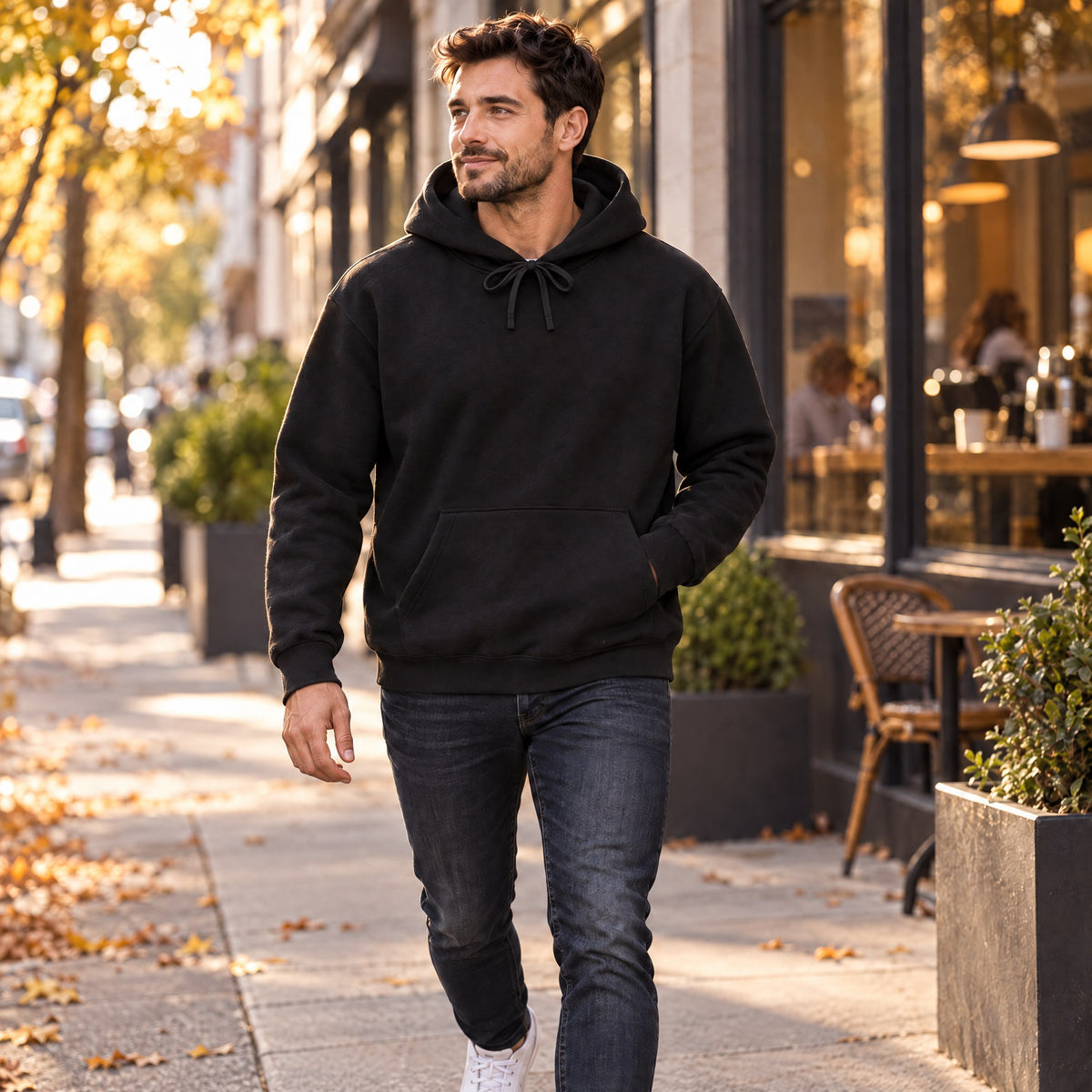 Alessio Classic Pullover Hoodie for Men in black, worn on a city sidewalk