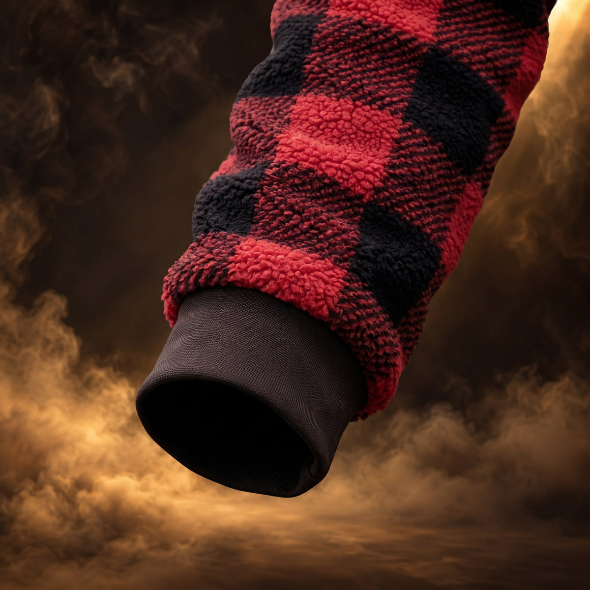 Alonzo sherpa fleece pullover, Red Plaid, trimmed cuff close-up