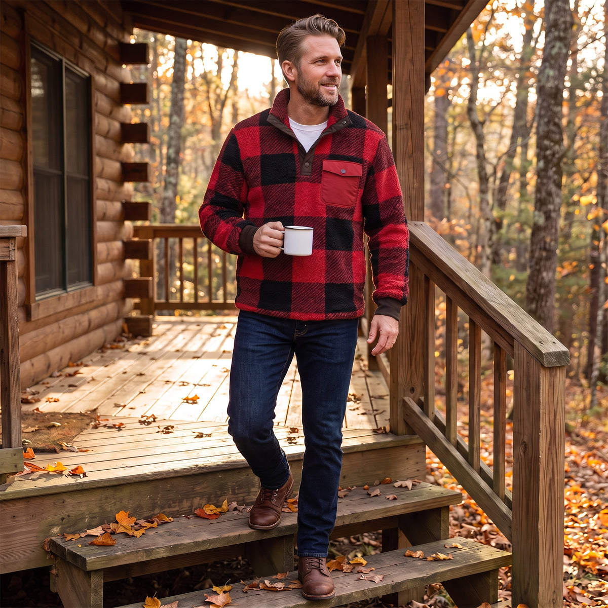 Alonzo sherpa fleece pullover, Red Plaid, worn on a cabin porch