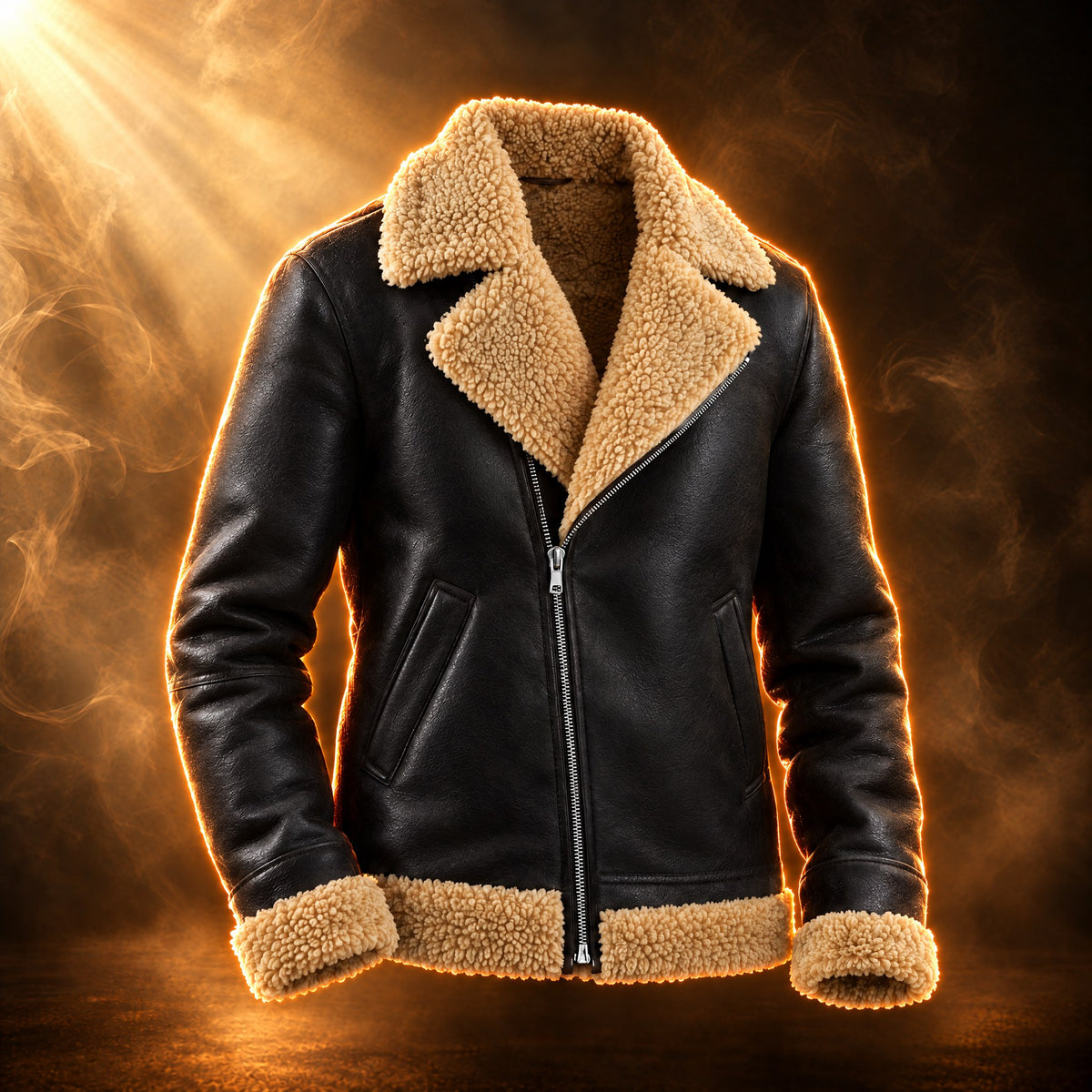 Augustin faux shearling aviator jacket for men in black, front view