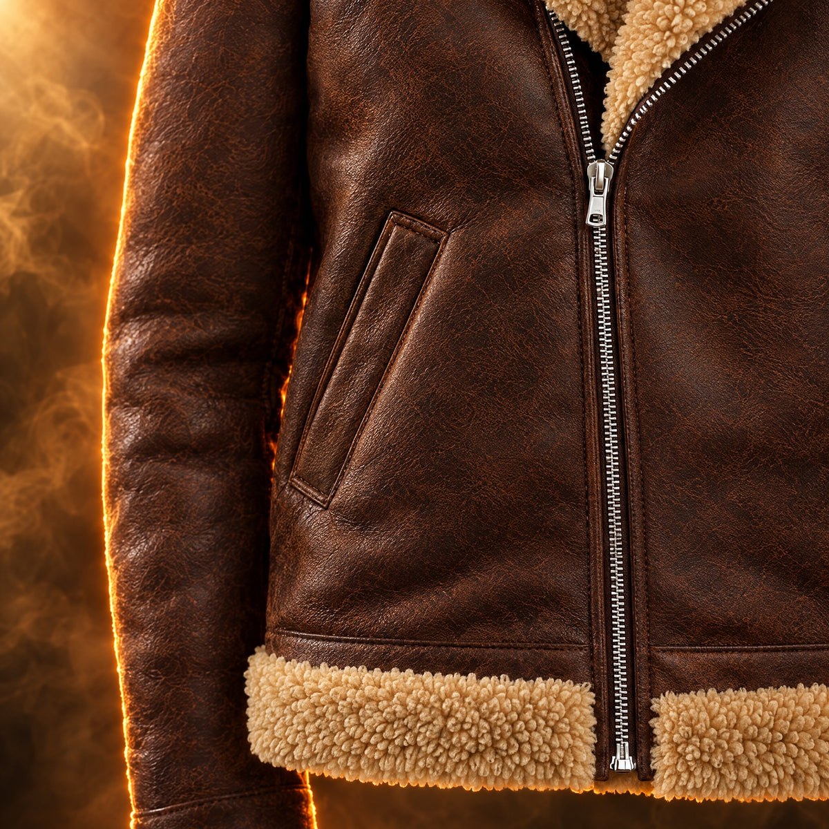 Augustin aviator jacket close-up of the off-center zipper and slanted pocket