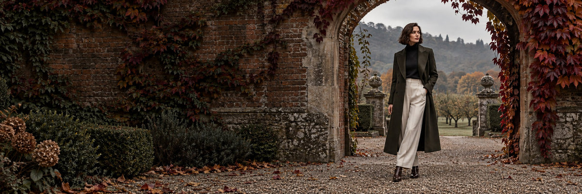 A woman in a long olive coat and cream trousers walking through an ivy-covered stone archway in autumn
