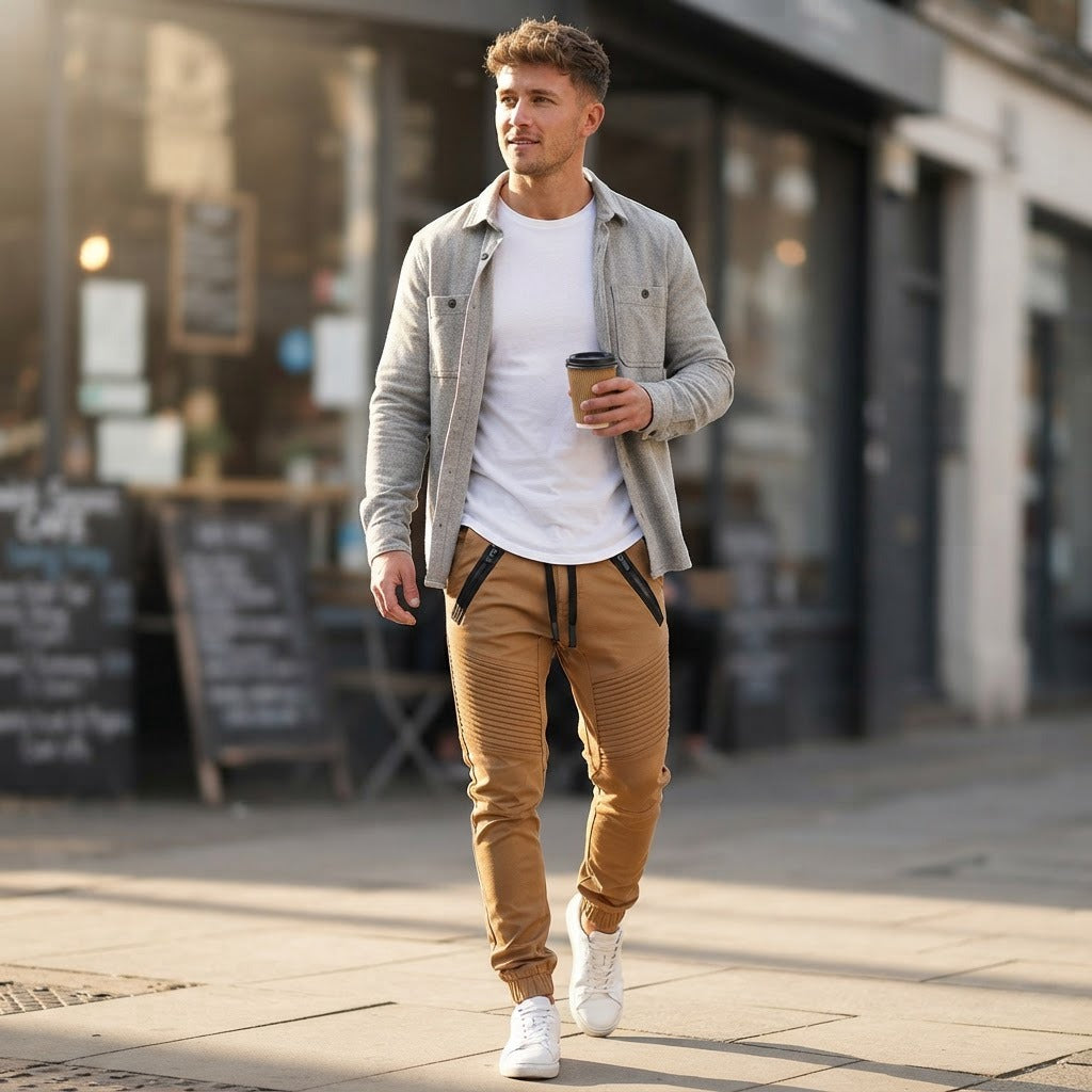 Man wearing Cirino khaki jogger pants on a city sidewalk with coffee