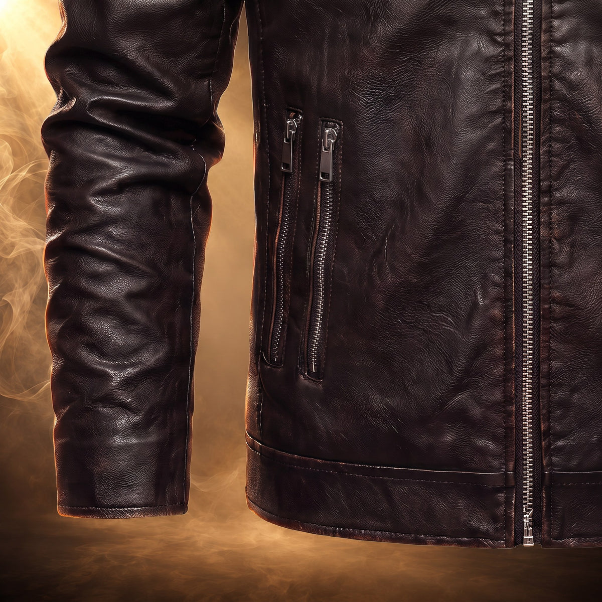 Umberto moto jacket, Dark Brown, vertical zip hip pockets close-up