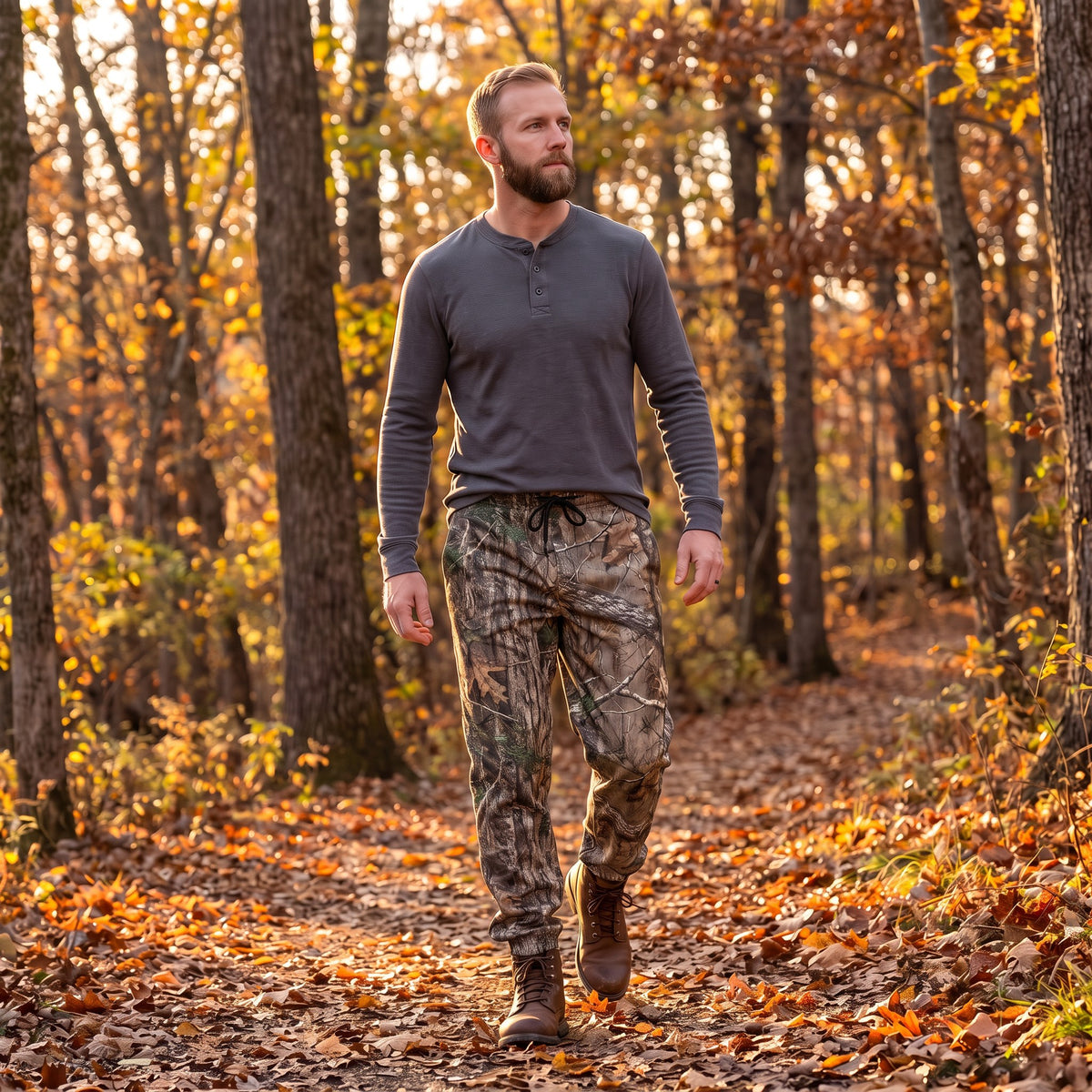 Basilio jogger pants, Brown Camo, worn on an autumn hiking trail