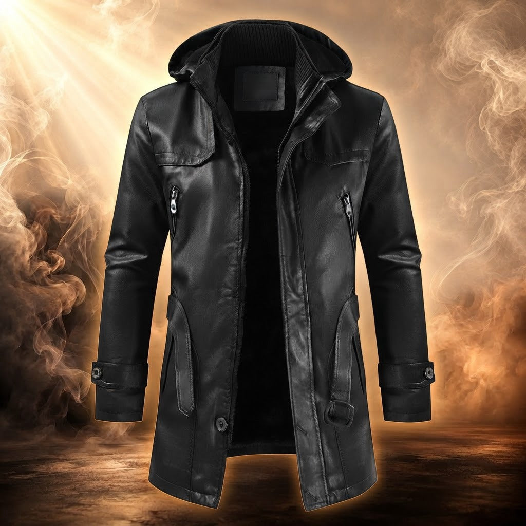 Davide hooded faux leather coat, Black, front