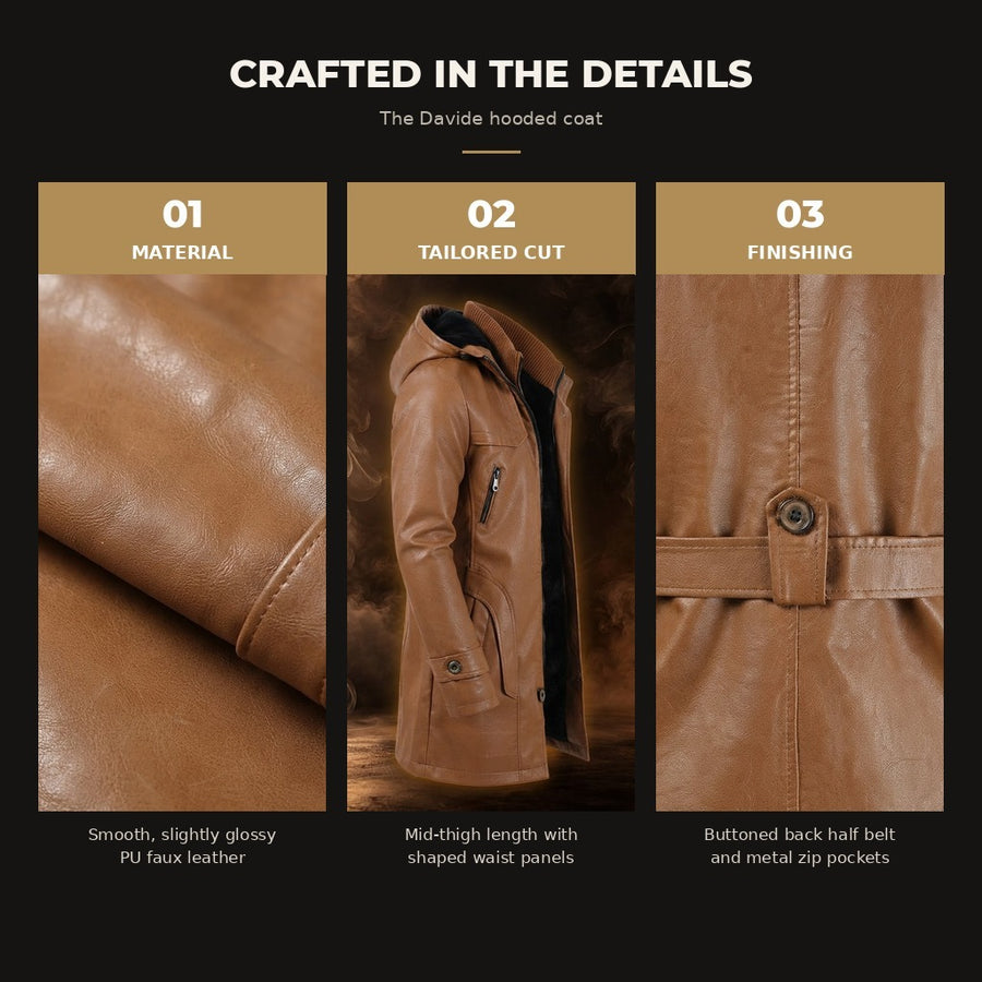 Davide Hooded Mid-Length Leather Coat for Men