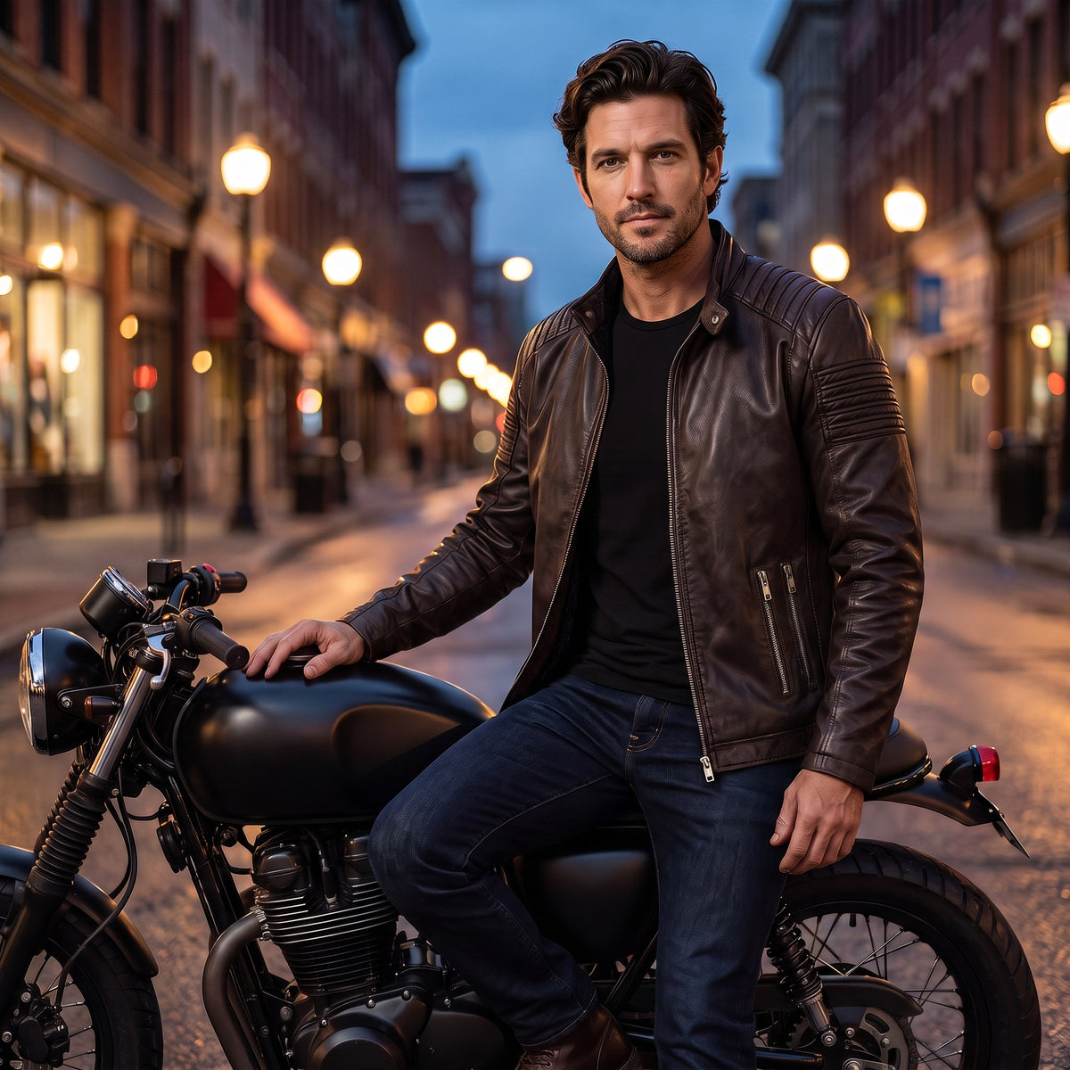 Umberto moto jacket, Dark Brown, worn on a city street at dusk by a motorcycle