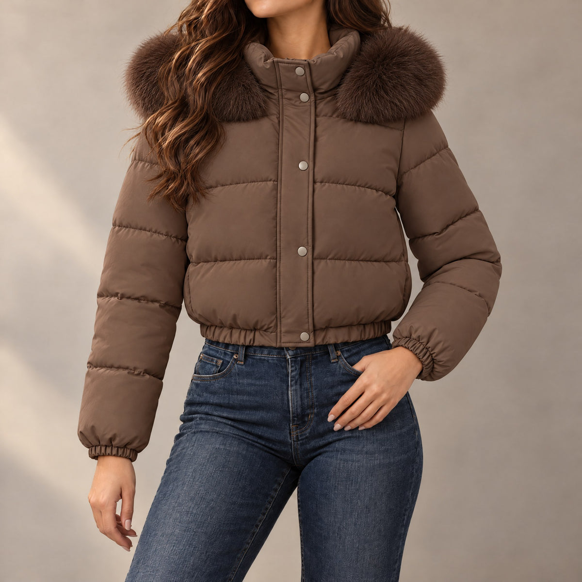 Beatrice Fleece Lined Hooded Cropped Puffer Jacket in coffee, front view