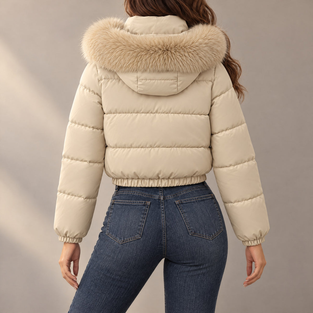 Beatrice Fleece Lined Hooded Cropped Puffer Jacket in khaki, back view