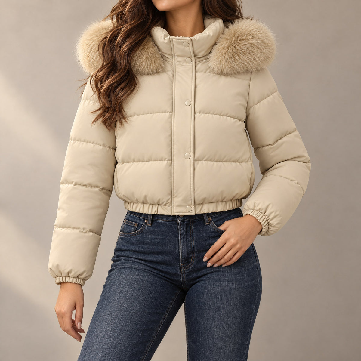 Beatrice Fleece Lined Hooded Cropped Puffer Jacket in khaki, front view
