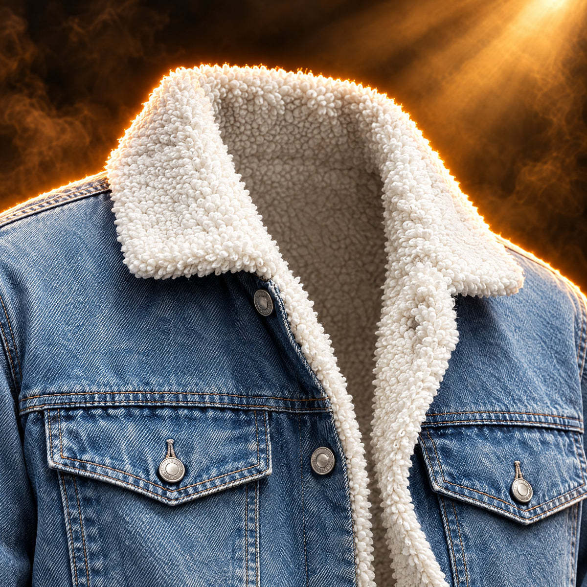 Bruno denim jacket close-up of the white sherpa collar