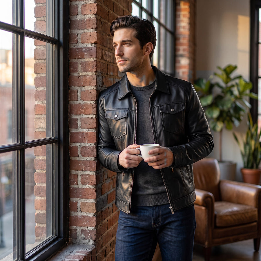 Rocco Leather Shirt Collar Zip Jacket for Men