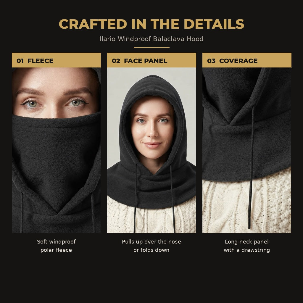 Ilario balaclava hood crafted in the details: fleece, face panel and neck coverage
