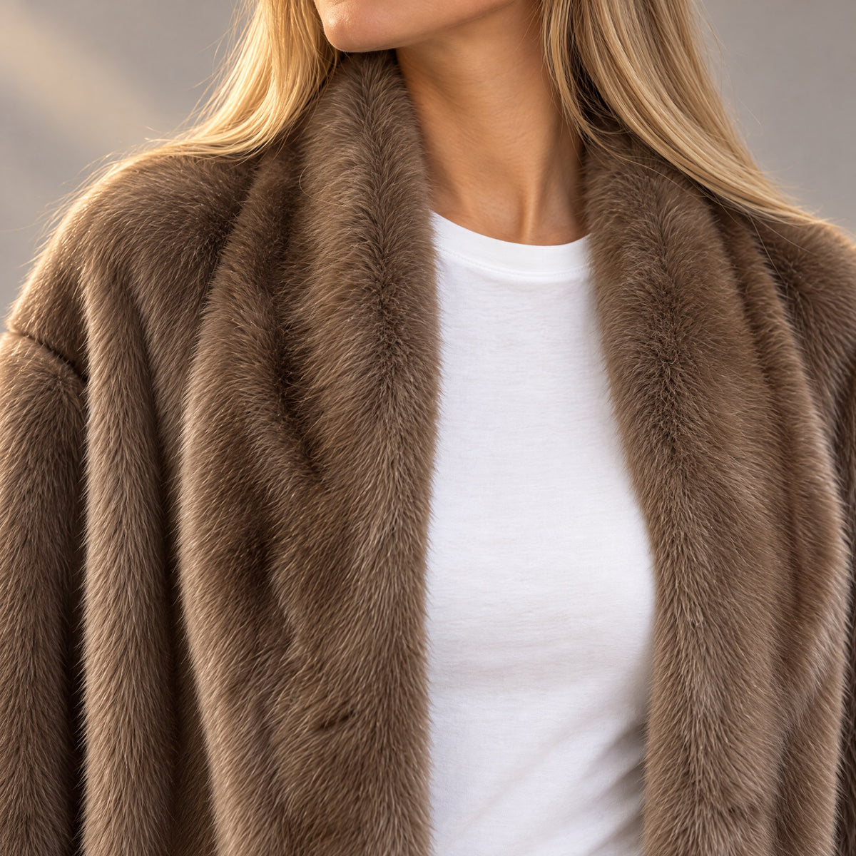 Shawl collar of the Camille plush fur coat in light coffee