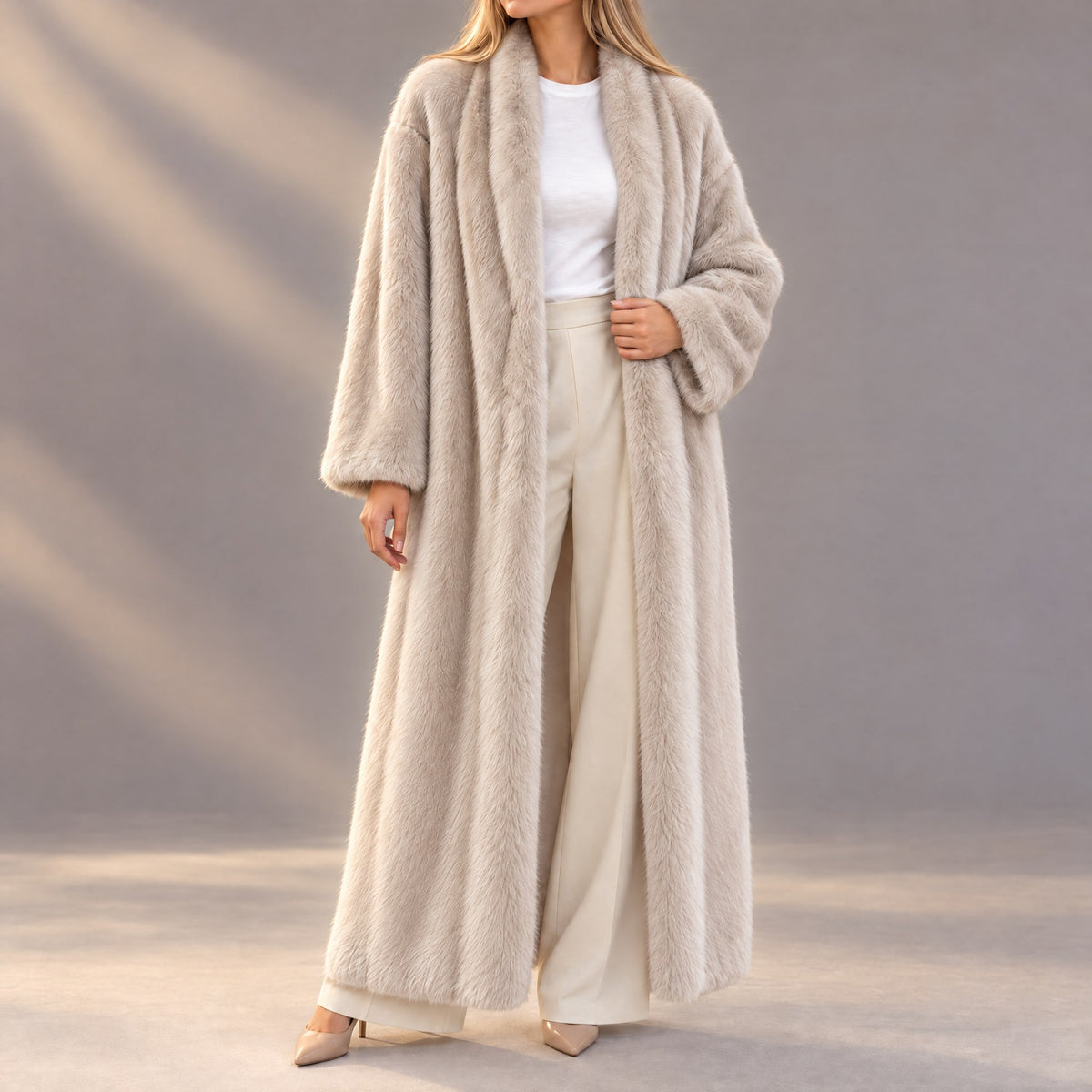 Camille long plush fur coat in ivory