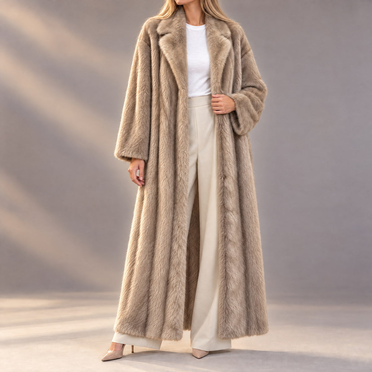 Camille long plush fur coat in champagne with notched lapels