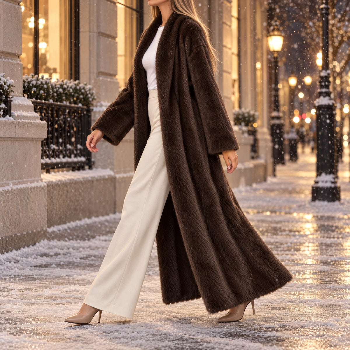 Camille long plush fur coat in dark brown on a snowy evening sidewalk