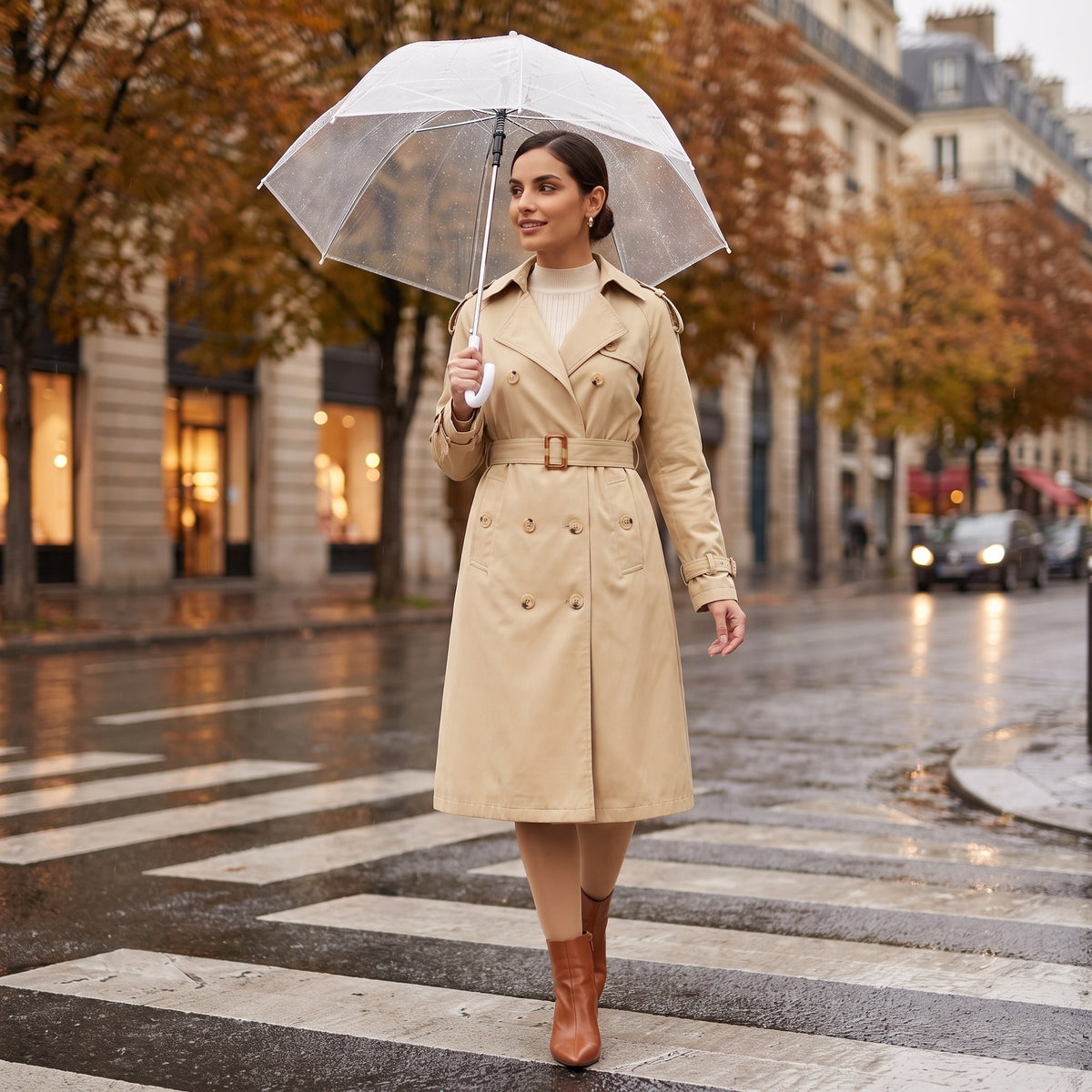 Carlotta trench coat, Khaki, worn on a rainy autumn city crosswalk